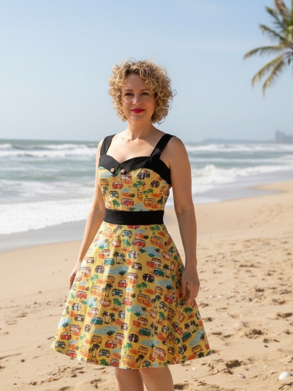 Vintage-Inspired Yellow Campervan Fit & Flare Dress with Black Accents